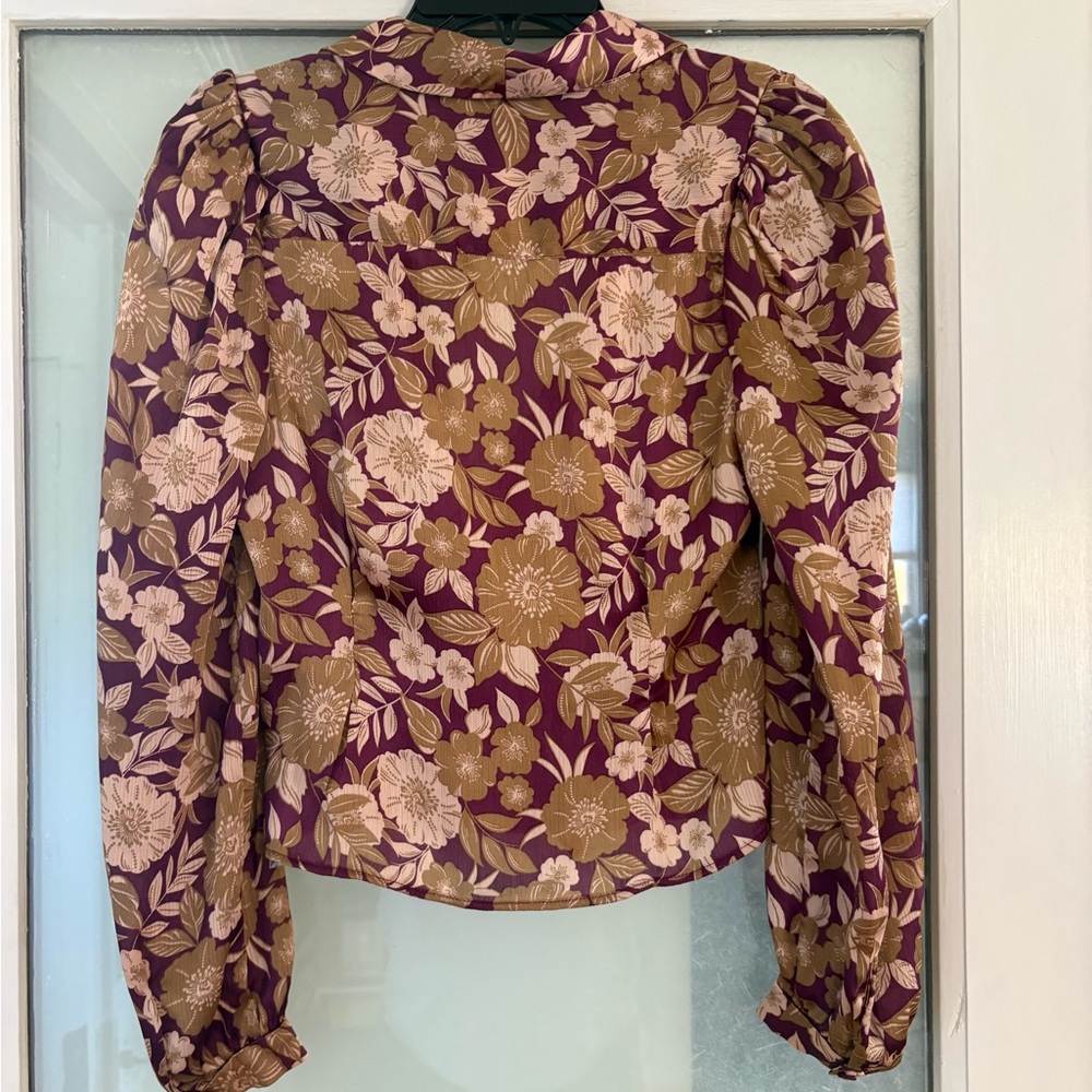 Womens Floral Puff-Sleeve Blouse - Purple & Tan